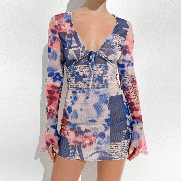 Flower print women's sexy deep V stitching lace-up long-sleeved ruffled hip dress