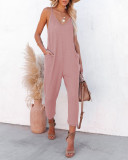Solid Color Waffle Casual Fashion Solid Color V-Neck Sling Pocket Jumpsuit