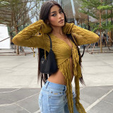 Solid Color Cardigan V-Neck Street Style Lace-Up Long Sleeve Spice Girl T-Shirt