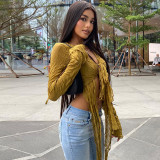 Solid Color Cardigan V-Neck Street Style Lace-Up Long Sleeve Spice Girl T-Shirt