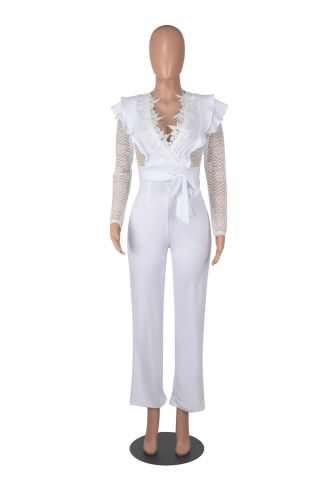 Fashion Sexy Business Slim V-Neck Lace Perspective Jumpsuit