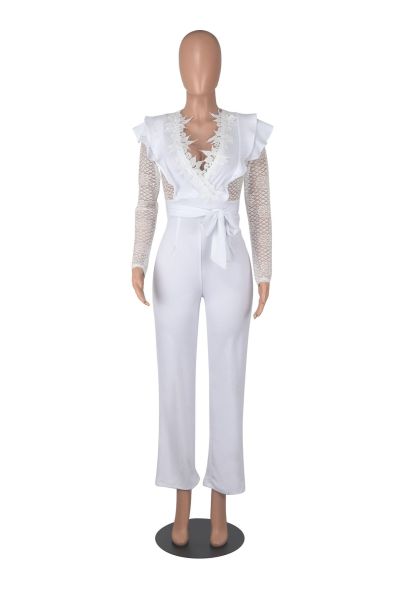 Fashion Sexy Business Slim V-Neck Lace Perspective Jumpsuit