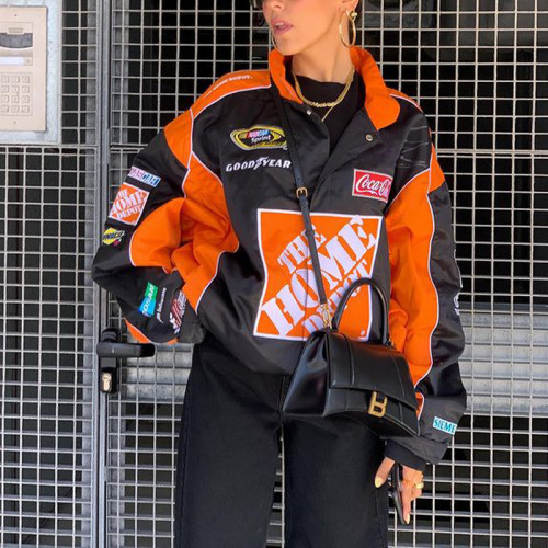 Autumn new jacket sporty orange print casual loose long sleeve trench coat