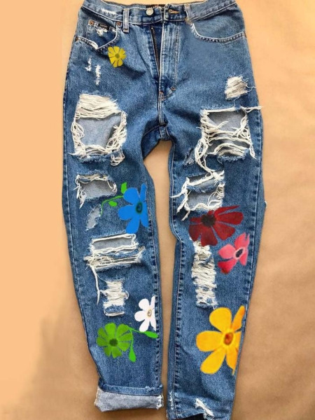 Printed hole fashion high waist all season straight women's jeans trousers
