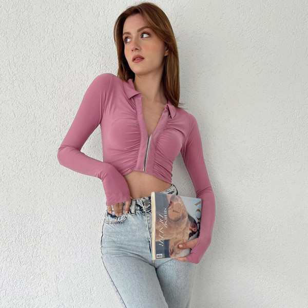 Knitted lapel pleated long sleeve top Autumn women's sexy open navel short slim t-shirt