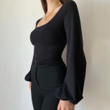 Knitted square neck lantern sleeve long sleeve T-shirt sexy slim casual versatile top