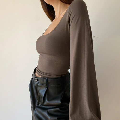 Knitted square neck lantern sleeve long sleeve T-shirt sexy slim casual versatile top