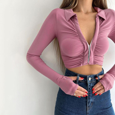Knitted lapel pleated long sleeve top Autumn women's sexy open navel short slim t-shirt