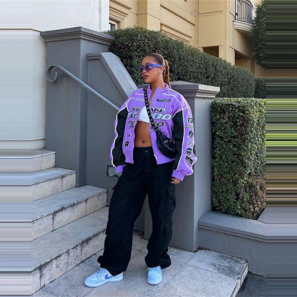 Women's Spice Girl Street Fashion Rock Loose Edition Letter Badge Print Contrast Split Casual Short Coat