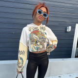 Women's Chinese dragon printed patchwork sleeve hooded sweater long sleeve open navel loose top