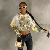 Women's Chinese dragon printed patchwork sleeve hooded sweater long sleeve open navel loose top
