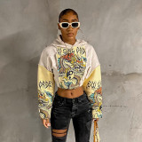 Women's Chinese dragon printed patchwork sleeve hooded sweater long sleeve open navel loose top