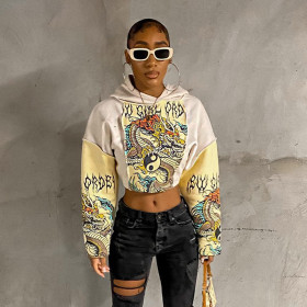 Women's Chinese dragon printed patchwork sleeve hooded sweater long sleeve open navel loose top