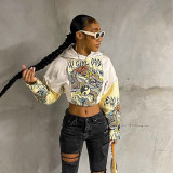 Women's Chinese dragon printed patchwork sleeve hooded sweater long sleeve open navel loose top