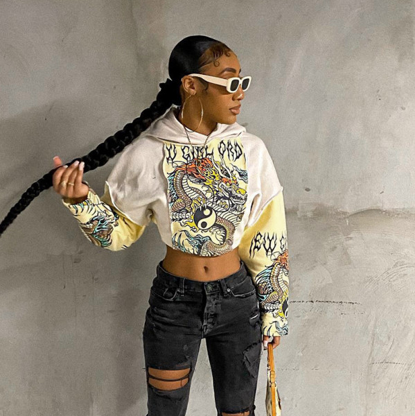 Women's Chinese dragon printed patchwork sleeve hooded sweater long sleeve open navel loose top