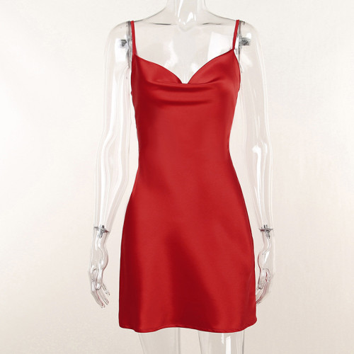 Temperament Elegant Pocket Collar Satin Basic Backless Strap Dress