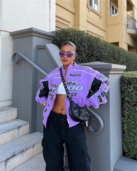 Women's Spice Girl Street Fashion Rock Loose Edition Letter Badge Print Contrast Split Casual Short Coat