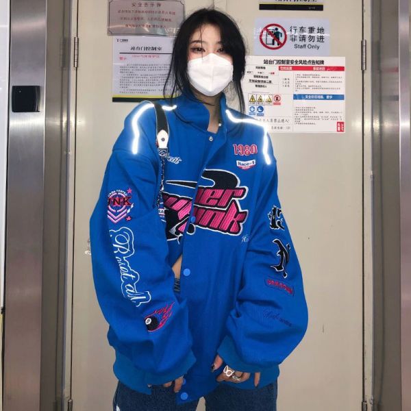 American retro embroidered racing suit ins Trendy baseball uniform for men and women The same Klein blue jacket Couple