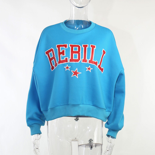 Casual Personality Offset Lettering Round Neck Loose Long Sleeve Sweater