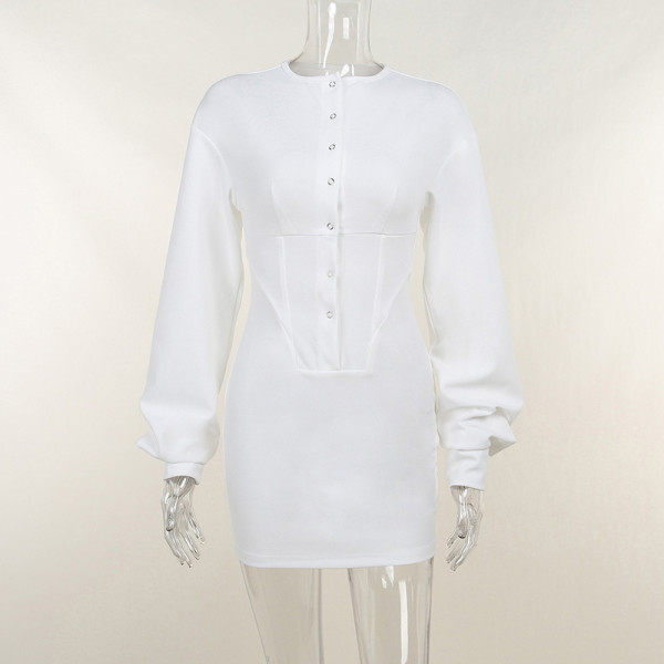 Buckle round neck waist long sleeve short hip wrap dress sexy slim dress
