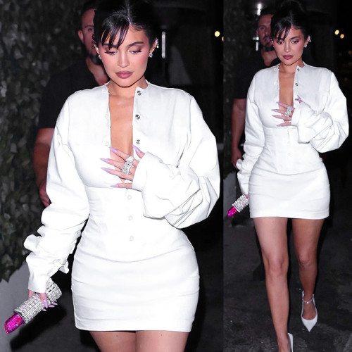 Buckle round neck waist long sleeve short hip wrap dress sexy slim dress