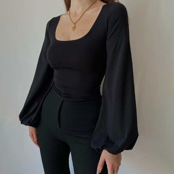 Knitted square neck lantern sleeve long sleeve T-shirt sexy slim casual versatile top