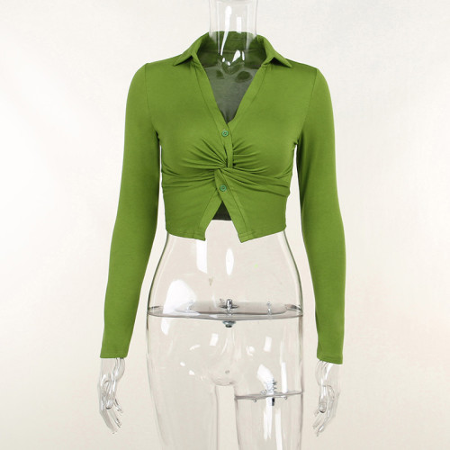 Knitted kink lapel button cardigan T-shirt Autumn women's black sexy long sleeve top