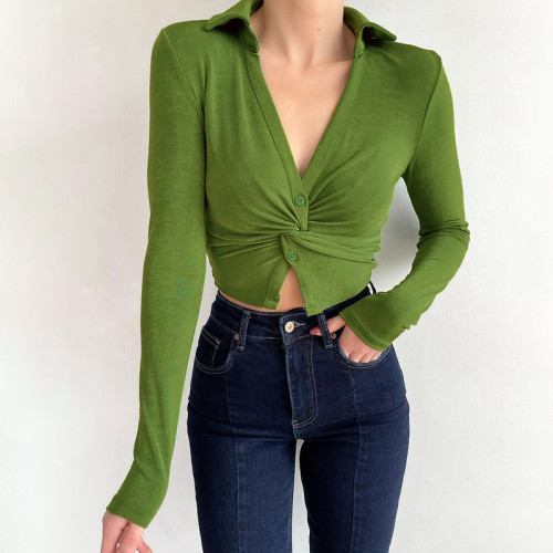 Knitted kink lapel button cardigan T-shirt Autumn women's black sexy long sleeve top