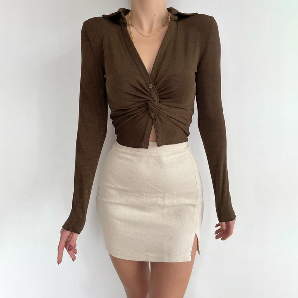 Knitted kink lapel button cardigan T-shirt Autumn women's black sexy long sleeve top