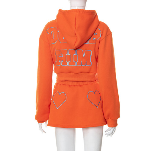 Women's embroidered cap rope hooded cardigan long sleeved top lace up love skirt casual suit