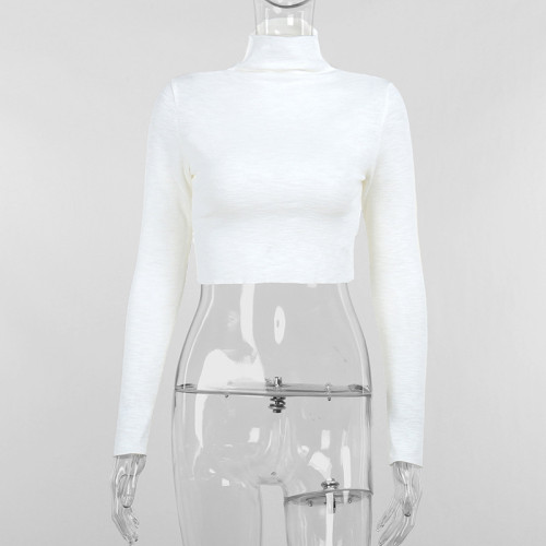 Temperament Elegant Pocket Collar Satin Basic Backless Strap Dress Knitted High Neck Long Sleeve Shirt Sexy Open Umbilical Short Outwear Slim Tee