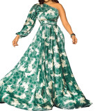 Diagonal collar long sleeve printed long skirt dress