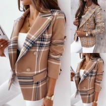 Long sleeve double breasted plaid printed suit jacket