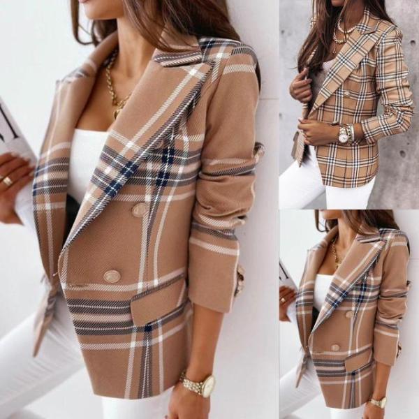 Long sleeve double breasted plaid printed suit jacket