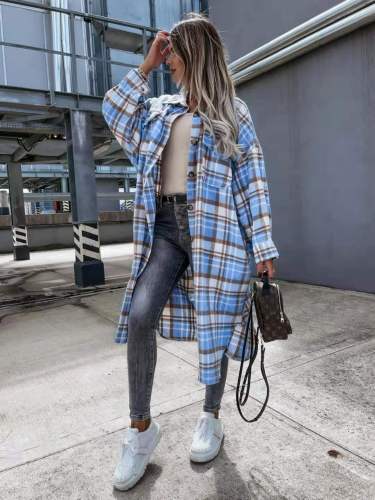 Fashion new style lengthened plaid shirt women's coat