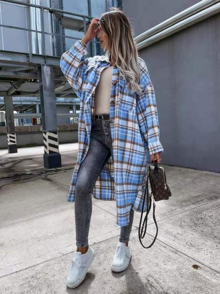 Fashion new style lengthened plaid shirt women's coat