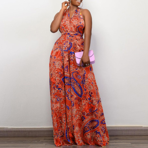 Printed hanging neck multi wear beach jumpsuit