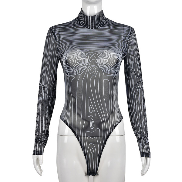 Mesh stripe print perspective sexy long sleeve high neck crotch women's dress