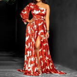 Diagonal collar long sleeve printed long skirt dress