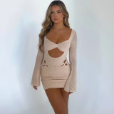Wrap chest skirt sexy mesh flocking sleeve hollow street wrap hip skirt