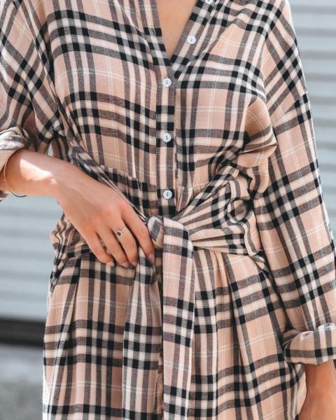 Fashion printed plaid tie shirt dress