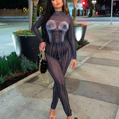 Hollow open navel screen flocking perspective trousers two-piece set