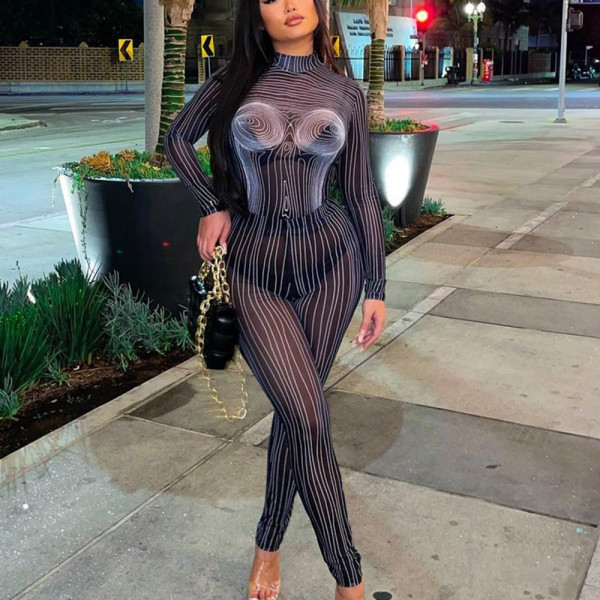 Hollow open navel screen flocking perspective trousers two-piece set