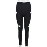Hollow out personalized pattern high bullet hole casual trousers