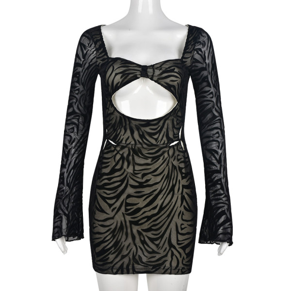 Wrap chest skirt sexy mesh flocking sleeve hollow street wrap hip skirt