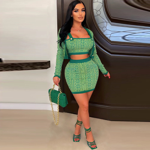 Long sleeve cardigan vest hip wrap skirt printed three piece set