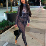 Hollow open navel screen flocking perspective trousers two-piece set