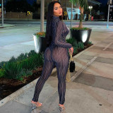 Hollow open navel screen flocking perspective trousers two-piece set