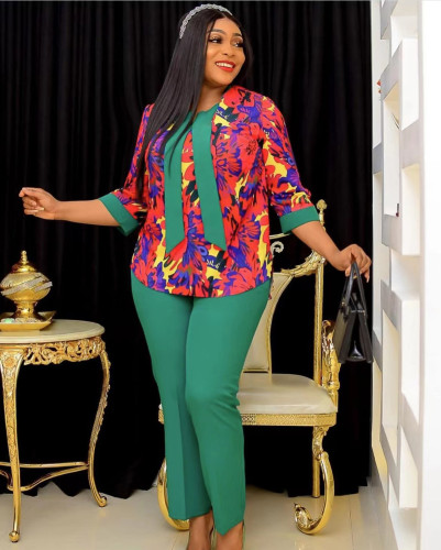 Splice color contrast printing long sleeve suit for women