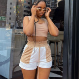 Color contrast sanitary pants with elastic waist casual shorts